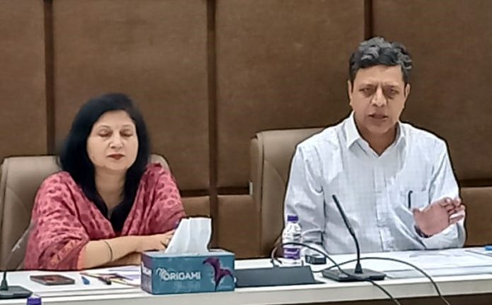 CEO Sanjeev Verma interacting with media persons in Jammu on Monday.