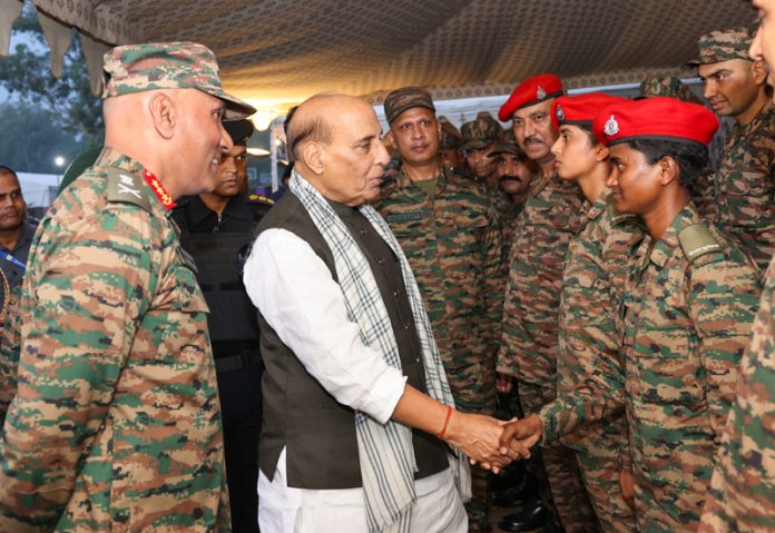 Defence Minister Rajnath Singh interacting with soldiers at Northern Command, Udhampur on Friday.