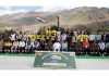 Maharashtra Deputy Chief Minister Eknath Shinde posing with dignitaries during Sarhad Shauryathon 2025 event at Kargil War Memorial, Drass.