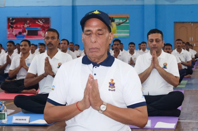 rajnath Defence Minister Rajnath Singh attending International Yoga Day with Army troops at Northern Command in Udhampur on Saturday.