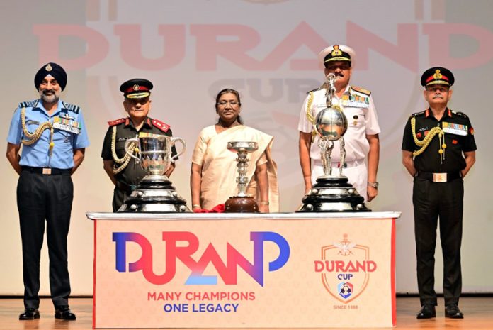 President Droupadi Murmu unveiling Durand Cup trophies at Rashtrapati Bhawan on Friday.