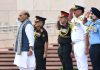 Defence Minister Rajnath Singh with CDS General Anil Chauhan paying tribute on the occasion of 26th Kargil Vijay Diwas at the National War Memorial in New Delhi on Saturday.(UNI)