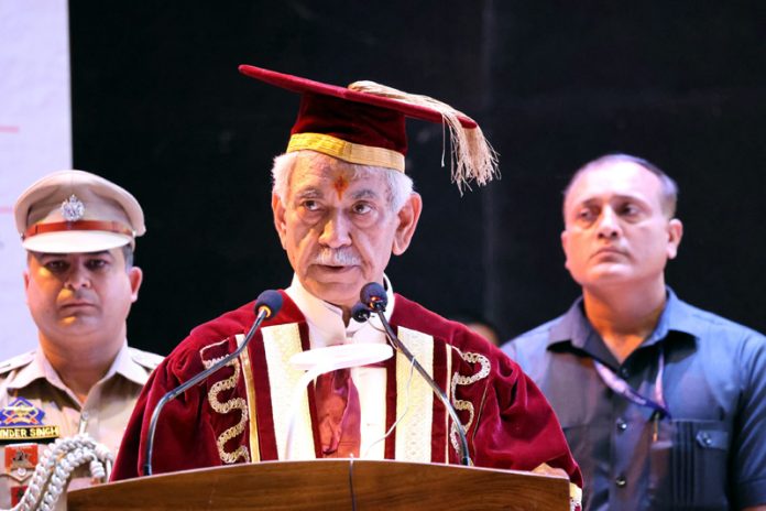 LG Manoj Sinha addressing the convocation of SKUAST-K at Srinagar. — Excelsior/Shakeel