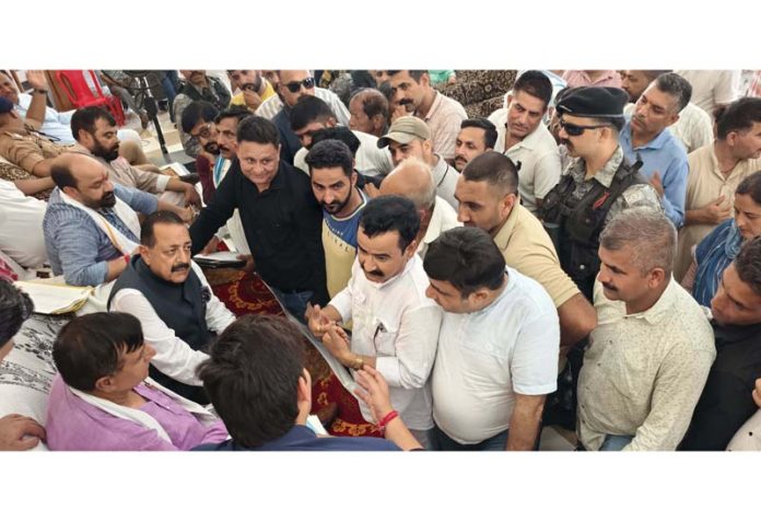 Union Minister Dr Jitendra Singh meeting with people during public darbar at Basohli on Saturday.