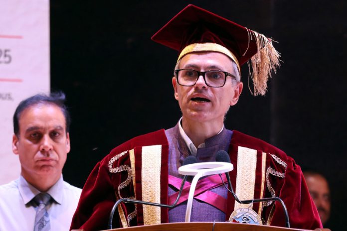 Chief Minister Omar Abdullah addressing the convocation of SKUAST-K in Srinagar. — Excelsior/Shakeel