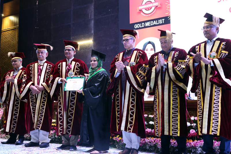 Union Minister Shivraj Singh Chouhan, LG Manoj Sinha and Chief Minister Omar Abdullah during the Convocation of SKUAST-K at Srinagar on Friday. —Excelsior/Shakeel