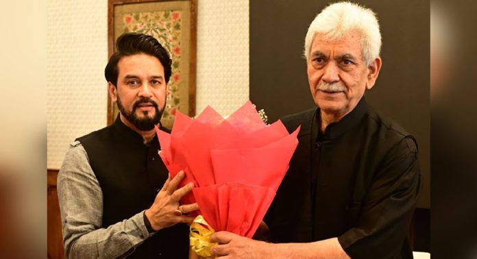 PSC chairman Anurag Thakur with LG Manoj Sinha in Srinagar on Saturday.